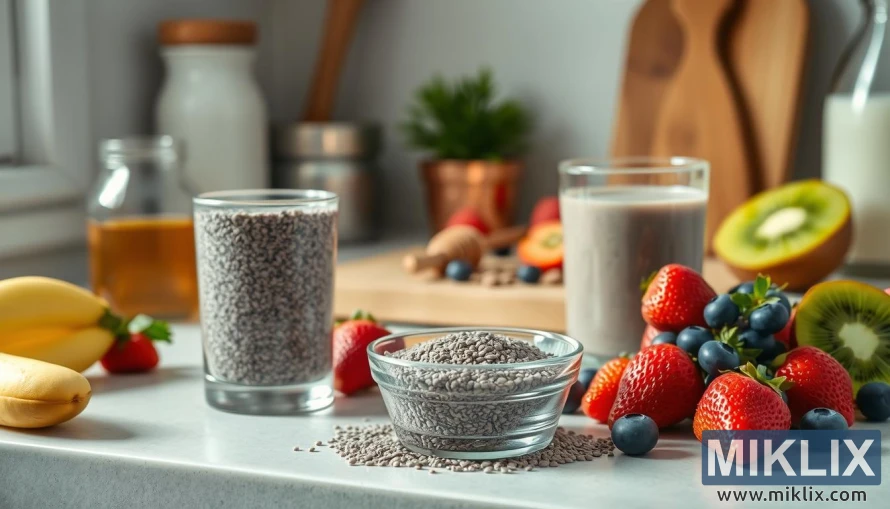 A well-lit kitchen counter with various ingredients and kitchen tools arranged neatly. In the foreground, a stack of chia seeds in a glass bowl, surrounded by fresh fruits like strawberries, blueberries, and kiwi slices. In the middle ground, a glass of chia seed pudding or smoothie, a spoon, and a small glass jar of chia seeds. In the background, a cutting board with a knife, a jar of honey, and a bottle of almond milk. The lighting is soft and natural, creating a warm, inviting atmosphere that showcases the versatility of chia seeds in a healthy, balanced diet.