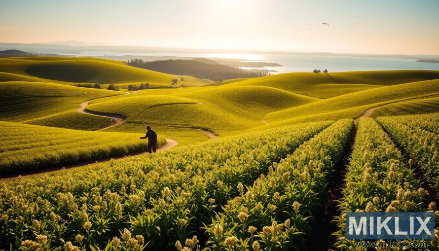 A lush, verdant field of chia plants stretches across the rolling hills, bathed in warm, golden sunlight. In the foreground, farmers tend to the crops, their hands gently caressing the delicate leaves and flowers. Winding paths meander through the fields, leading to small, sustainable irrigation systems. In the distance, a serene lake reflects the azure sky, and the silhouettes of birds soar overhead. The scene exudes a harmonious balance between human stewardship and the natural world, showcasing the environmental sustainability of chia seed agriculture.