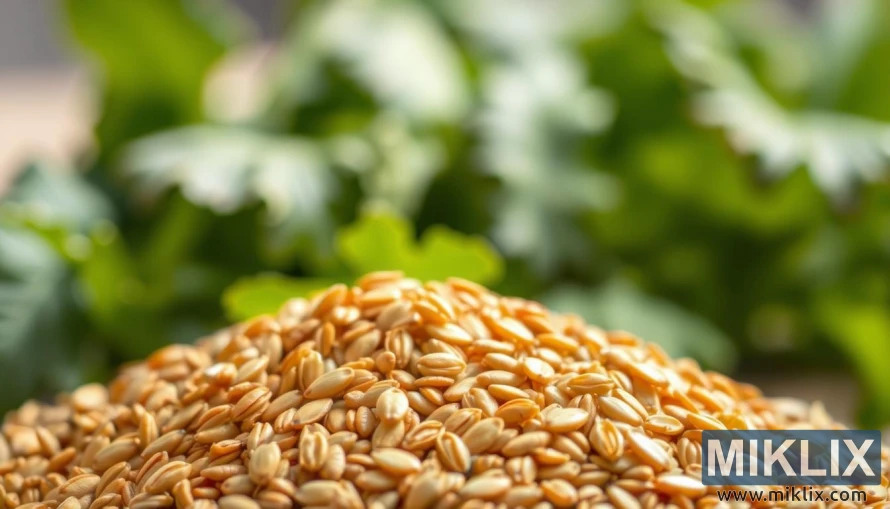 A close-up of a pile of organic flaxseeds, their golden-brown hues glistening under soft, diffused lighting. The seeds are arranged in the foreground, with a blurred background of healthy, leafy greens to create a natural, wholesome atmosphere. The image showcases the detailed textures and shapes of the flaxseeds, highlighting their nutritional properties and the potential health benefits of incorporating them into one's diet.