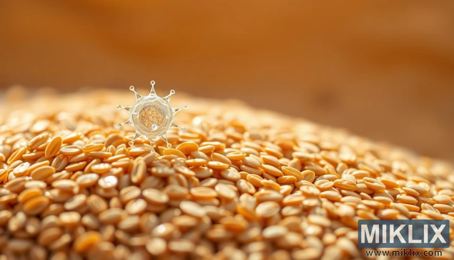 A close-up of flaxseeds in soft natural lighting, with a delicate cancer cell model emerging from the seeds, casting a faint shadow. The background is a warm, earthy tone, suggesting the health-giving properties of this superfood. The composition is balanced, with the flaxseeds in the foreground and the cancer cell in the middle ground, creating a symbolic interplay between the two elements. The image has a serene, contemplative mood, hinting at the potential of flaxseeds to protect against the ravages of cancer.