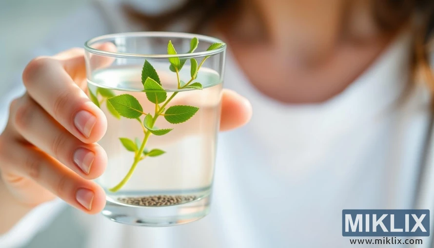 A close-up view of a person's hand gently holding a glass of water, with a sprig of fresh green leaves floating in the liquid, symbolizing the stabilization of blood sugar levels. The lighting is soft and diffused, creating a calm and soothing atmosphere. The background is blurred, ensuring the focus remains on the central element. The composition emphasizes the tranquility and balance associated with maintaining healthy blood sugar through natural means, such as incorporating flaxseeds into one's diet.