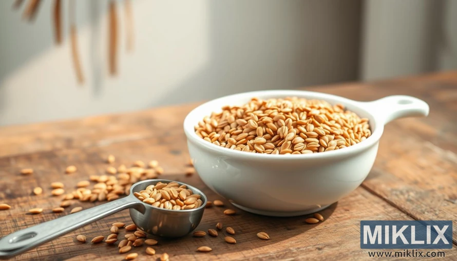 A visually appealing illustration depicting the recommended daily intake of flaxseeds. The image shows a white ceramic bowl filled with golden-brown flaxseeds, positioned on a rustic wooden table. The lighting is soft and natural, creating a warm, inviting atmosphere. In the foreground, a measuring spoon filled with flaxseeds is prominently displayed, emphasizing the suggested serving size. The background features a simple, clean design, allowing the focal point of the flaxseeds to stand out. The overall composition conveys a sense of balance, health, and wellness, perfectly complementing the subject matter of the article.
