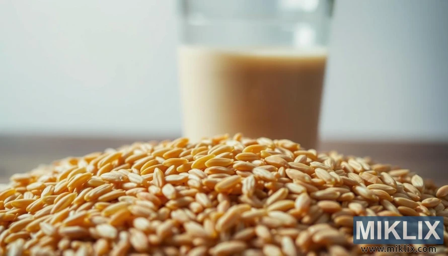 A close-up photograph of a pile of wholesome brown rice grains, meticulously lit to showcase their natural textures and earthy tones. The grains are arranged in the foreground, with a soft, diffused lighting illuminating their surfaces from various angles, creating a sense of depth and dimension. In the middle ground, a transparent glass container filled with water or a nutritious beverage, such as a smoothie, emphasizes the health benefits of incorporating brown rice into one's diet. The background is blurred, allowing the viewer to focus on the central elements.