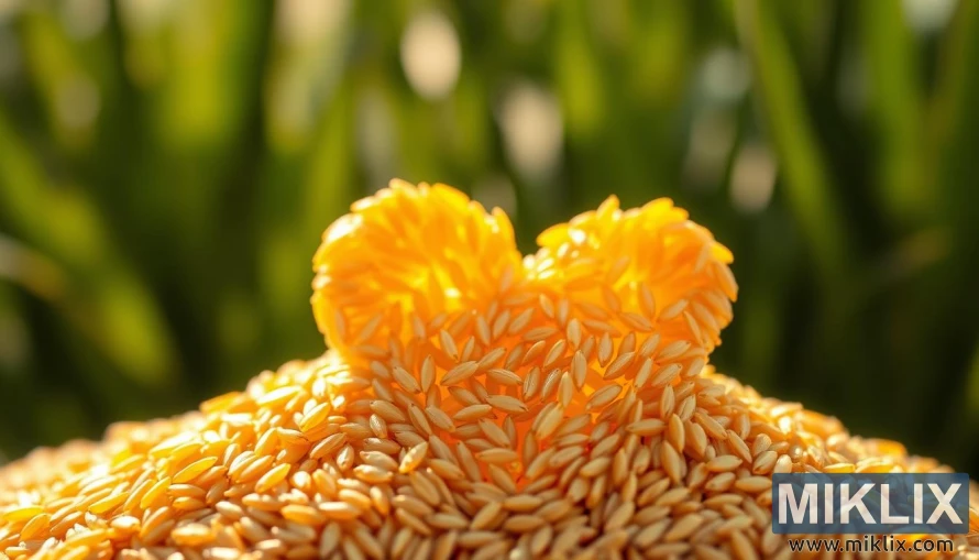 A close-up view of a warm, glowing heart made of carefully arranged brown rice grains, set against a soft, blurred background of green foliage. Warm, natural lighting illuminates the heart, casting subtle shadows and highlights that accentuate the organic, textural quality of the rice. The heart is positioned centrally, occupying the majority of the frame, communicating its importance and the focus on the heart health benefits of brown rice. The overall mood is one of tranquility, nourishment, and the natural goodness of this wholesome grain.