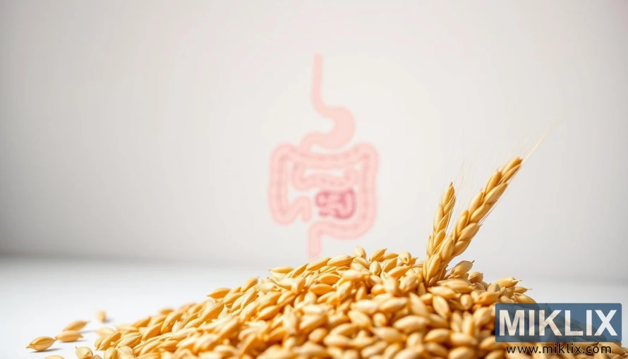 A vibrant, high-resolution image of barley grains, digestive tract, and healthy gut bacteria. The foreground features a close-up of golden barley kernels, showcasing their texture and rich color. The middle ground depicts a stylized digestive system, with the small intestine in the center, surrounded by a diverse population of gut microbes. The background is a clean, minimalist setting, with soft lighting to create a serene, educational atmosphere. The overall composition highlights the connection between barley's fiber-rich properties and its ability to promote better digestion and gut health.