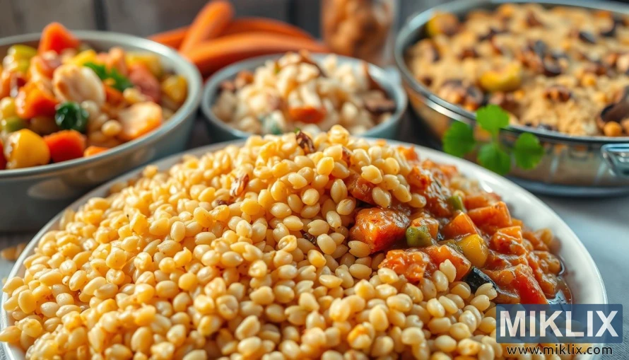 A tempting array of barley-based dishes, captured in a vibrant and inviting composition. Crisp, golden barley grains take center stage, surrounded by a variety of colorful, freshly prepared recipes. In the foreground, a hearty barley and vegetable stew steams gently, its savory aroma wafting through the frame. In the middle ground, a fluffy barley pilaf, dotted with vibrant herbs and toasted nuts, beckons. In the background, a rustic barley and mushroom casserole bakes to perfection, its crunchy topping hinting at the satisfying textures within. Soft, natural lighting bathes the scene, creating a cozy, homemade atmosphere. The overall effect is one of warmth, nourishment, and the versatility of this humble, yet highly nutritious grain.