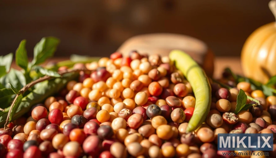 A medley of vibrant beans in the foreground, showcasing their diverse shapes and colors, arranged elegantly against a soft, blurred background. The beans are bathed in warm, natural lighting, casting gentle shadows that accentuate their textures. The composition is balanced and visually appealing, drawing the viewer's attention to the nutritional benefits of this versatile legume. The mood is one of wellness, health, and the simple pleasures of wholesome, plant-based foods.