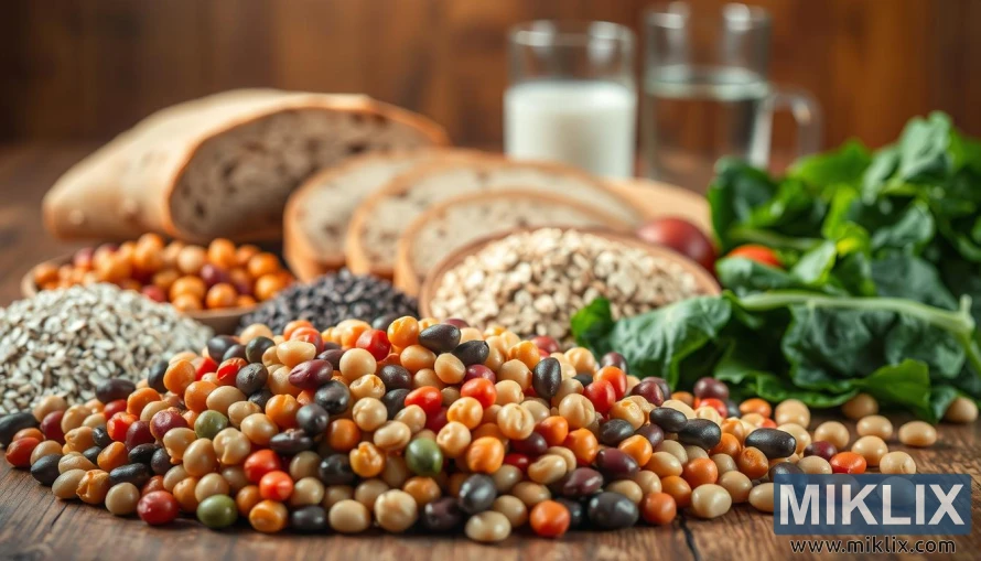 An arrangement of various high-fiber foods on a wooden table, shot with a shallow depth of field and warm, natural lighting. In the foreground, a pile of colorful beans, lentils, and chickpeas. In the middle ground, sliced whole wheat bread, chia seeds, and oats. In the background, leafy greens, such as spinach and kale, and a glass of water. The scene conveys the abundance and diversity of dietary fiber sources that contribute to gut health.