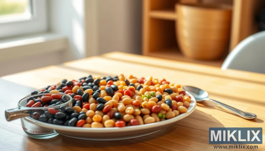 A plate of various cooked beans, including kidney, black, pinto, and garbanzo, arranged neatly on a wooden table. Sunlight streams in through a window, casting a warm, natural glow on the beans. In the foreground, a measuring cup and a spoon are placed next to the plate, hinting at the importance of portion control and moderation in weight management. The background is a clean, minimalist workspace, allowing the beans to be the focal point. The overall mood is one of simplicity, health, and the power of plant-based nutrition for weight loss.
