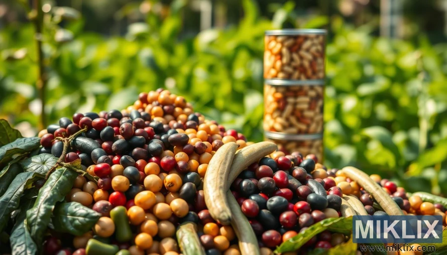 A well-lit, high-quality photograph showcasing the affordability of beans as a sustainable protein source. The foreground features a variety of vibrant, freshly harvested beans in different colors, textures, and sizes, arranged in an aesthetically pleasing composition. The middle ground depicts a stack of canned or packaged beans, representing the accessible and economical nature of this nutritious food. In the background, a lush, verdant garden or farm setting serves as a reminder of the sustainable, plant-based origins of beans. The lighting is natural and warm, creating a sense of abundance and accessibility. The overall mood is one of simplicity, wholesomeness, and the practical benefits of incorporating beans into a healthy, cost-effective diet.