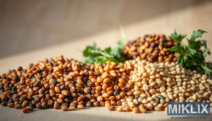 A vibrant still life composition depicting a variety of lentils in different colors and forms, arranged in a harmonious display against a neutral background. Soft, natural lighting casts subtle shadows, accentuating the textures and hues of the lentils. The foreground features a selection of whole lentils, while the middle ground showcases lentils in various stages of preparation, such as cooked, mashed, or sprouted. The background subtly hints at the health benefits of lentils through the inclusion of complementary elements, like leafy greens, herbs, or other nutrient-rich ingredients. The overall mood is one of nourishment, simplicity, and the natural goodness of this humble, versatile legume.