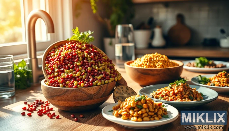 A serene, sun-drenched kitchen counter, with a bountiful arrangement of lentils in various hues - crimson, green, and golden - spilling out of a wooden bowl, surrounded by fresh herbs, a glass of water, and a plate of expertly prepared lentil-based dishes. The scene conveys a sense of nourishment, vitality, and the culmination of lentils' remarkable nutritional benefits - their high protein, fiber, and micronutrient content, all beautifully captured in a warm, inviting composition that inspires a deeper appreciation for the power of this humble legume.