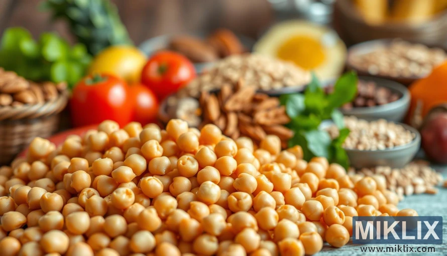 A vibrant close-up shot of assorted chickpeas, also known as garbanzo beans, arranged in the foreground against a soft, out-of-focus background featuring a selection of various healthy food items such as fresh produce, nuts, and grains. The lighting is warm and natural, highlighting the earthy tones and textures of the chickpeas. The image conveys a sense of nourishment, vitality, and the health benefits associated with incorporating chickpeas into one's diet.
