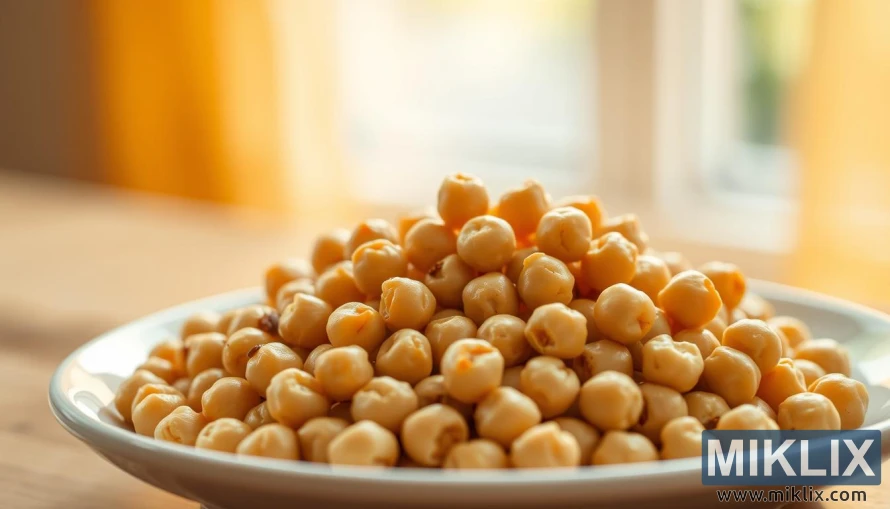 A close-up, high-resolution photograph of a pile of cooked chickpeas on a white ceramic plate, illuminated by warm, diffused natural lighting from a window. The chickpeas are glistening with a subtle sheen, their soft, mottled skin tones ranging from creamy beige to earthy brown. The image captures the texture and inherent beauty of the legumes, emphasizing their role as a nutritious, blood sugar-regulating food. The background is softly blurred, allowing the viewer to focus on the details of the chickpeas. The overall mood is calm, appetizing, and health-conscious.