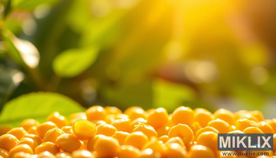Vibrant chickpeas glistening under warm natural lighting, the soft golden hue highlighting their nutrient-rich composition. In the foreground, a few chickpeas are broken open, revealing their lush, brain-nourishing interior - rich in antioxidants, folate, and essential fatty acids. The midground showcases a cluster of whole chickpeas, their surface texture detailed and inviting. In the background, a blurred green leafy backdrop suggests a healthy, verdant environment, complementing the chickpeas' inherent connection to brain health and wellness. The overall scene conveys a sense of vitality, balance, and the profound benefits these humble legumes can provide for cognitive function and neural protection.