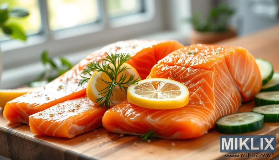 A vibrant and mouth-watering image of fresh salmon fillets arranged on a wooden cutting board. The salmon's glistening pink flesh is complemented by a sprinkle of lemon wedges, a sprig of dill, and a few slices of cucumber. The scene is illuminated by soft, natural lighting, creating a warm and inviting atmosphere. In the background, a blurred window allows a glimpse of a lush, green outdoor scene, suggesting the healthful and wholesome nature of the subject. The composition emphasizes the salmon's nutritional benefits, highlighting its key role in a balanced and nourishing diet.