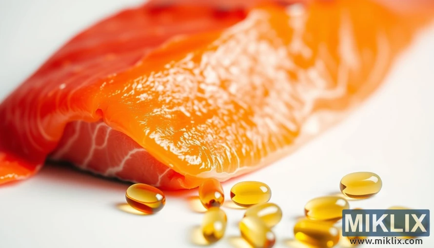 A vibrant, close-up photograph depicting a brilliant red salmon fillet against a stark white background. The fish's glistening skin and rich, orange-hued flesh draw the eye, highlighting the abundance of omega-3 fatty acids it contains. In the foreground, a sprinkling of whole, translucent fish oil capsules suggests the health benefits of these essential nutrients for the human heart. The lighting is soft and diffused, creating a sense of clarity and purity. The composition is balanced, with the salmon positioned slightly off-center to create visual interest. The overall mood is one of nutritional wellness and scientific precision.