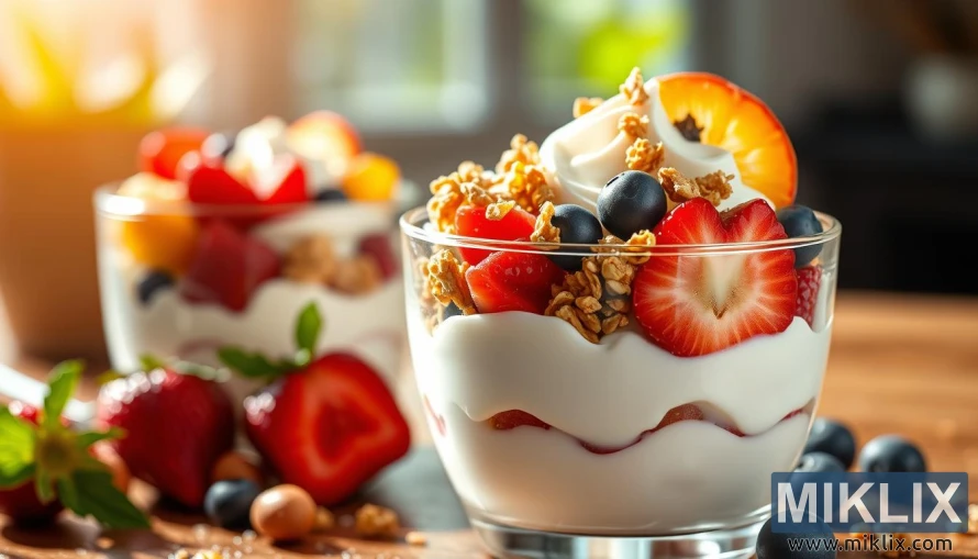 A high-resolution, photorealistic image of a healthy, colorful yogurt parfait with layers of creamy yogurt, fresh fruit, and crunchy granola, shot at an eye-level angle with natural lighting from the side, creating a warm, inviting atmosphere that highlights the vibrant colors and textures of the ingredients, showcasing the health benefits of consuming yogurt in a visually appealing and appetizing way.