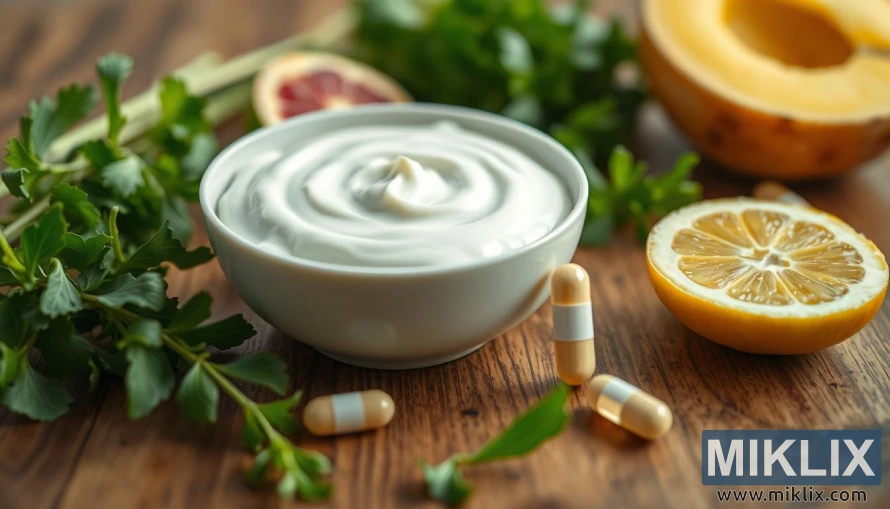 A creamy, white yogurt bowl rests on a wooden table, surrounded by fresh green herbs and sliced fruits. A probiotic supplement capsule stands upright next to the bowl, symbolizing the digestive health benefits of yogurt. Soft, diffused lighting casts a warm, inviting glow, highlighting the natural textures and colors. The scene is captured from a slightly elevated angle, creating a sense of depth and composition. The overall mood is one of wellness, nourishment, and the harmony between food and the body's internal processes.