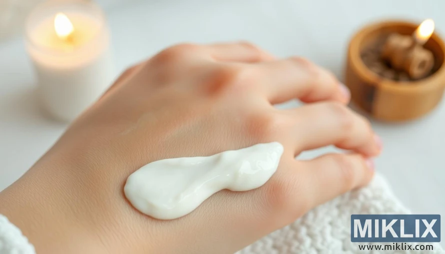 A beautifully lit close-up image of freshly applied yogurt on glowing, radiant skin. The rich, creamy texture of the yogurt is visible, gently nourishing and hydrating the skin. Smooth, even skin tone with a natural, healthy glow. Soft, diffused lighting creates a serene, tranquil atmosphere, highlighting the skin's supple, youthful appearance. A minimalist, spa-like setting with neutral tones and natural elements in the background, emphasizing the restorative, soothing properties of yogurt for improving skin health and appearance.
