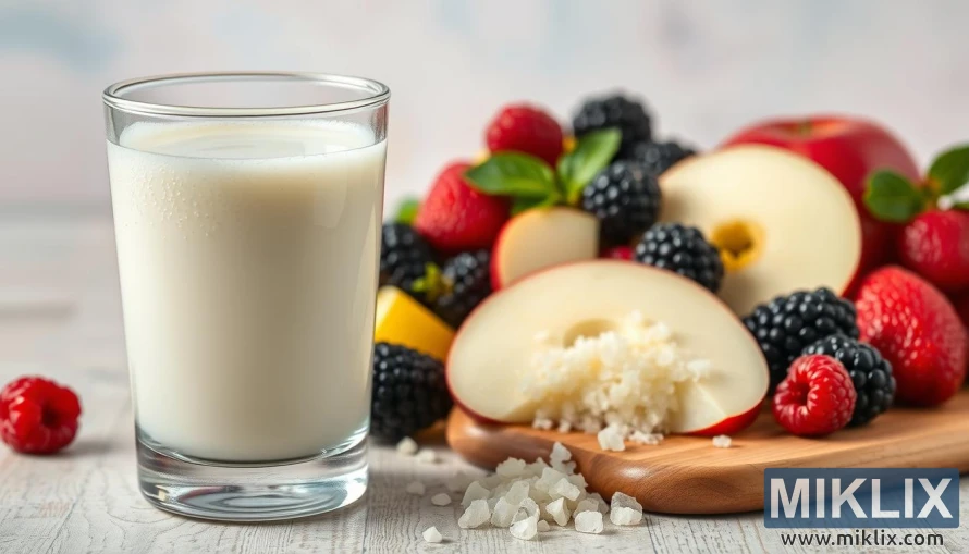 A vibrant still life showcasing the health benefits of kefir. In the foreground, a glass filled with thick, creamy kefir, its surface dotted with effervescent bubbles. Beside it, an assortment of fresh fruits - juicy raspberries, succulent blackberries, and crisp apple slices - arranged in a visually appealing manner. In the middle ground, a wooden cutting board with a handful of probiotic-rich kefir grains scattered across it, hinting at the fermentation process. The background features a soft, pastel-toned setting, with a gentle, natural lighting that casts a warm, inviting glow over the scene. The overall composition evokes a sense of wellness, vitality, and the nutritional goodness of this fermented dairy drink.