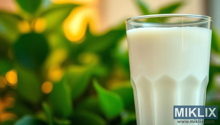 A close-up view of a glass of creamy, light-colored kefir beverage, with a backdrop of lush green leafy plants and a warm, inviting lighting. The kefir's surface gently swirls, hinting at its probiotic-rich, gut-nourishing properties. The foreground is sharp and in focus, emphasizing the kefir's smooth, silky texture, while the background is softly blurred, creating a sense of depth and a calming, natural ambiance. The image conveys the digestive health benefits of kefir through its vivid, appetizing depiction, inviting the viewer to imagine the soothing, restorative effects of this fermented dairy drink.