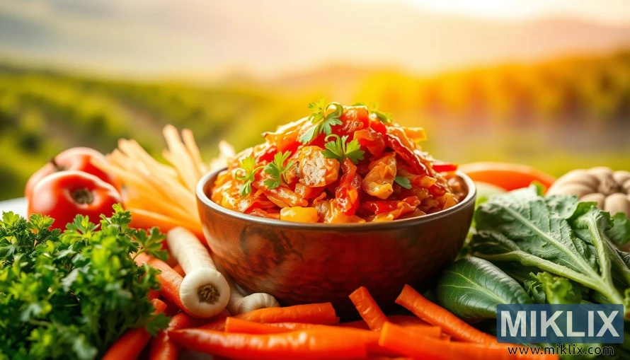 A bowl of vibrant kimchi, its myriad colors and textures radiating health and vitality, takes center stage. Surrounded by an array of fresh Korean vegetables, each carefully arranged to showcase their nutritional benefits. The scene is bathed in warm, natural lighting, casting a gentle glow and highlighting the kimchi's crisp texture and pungent aroma. In the background, a subtly blurred yet lush, green landscape sets the stage, suggesting the connection between the fermented dish and the natural world from which it originates. The overall composition conveys the synergy between the health-promoting properties of kimchi and the vibrant, wholesome ingredients that comprise it.