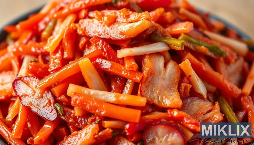 A close-up shot of a vibrant pile of homemade kimchi, showcasing its vivid colors and textural details. The fermented cabbage and radish slices are arranged in a tantalizing display, illuminated by soft, diffused lighting that highlights their glistening, slightly translucent surfaces. The background is a clean, muted palette, allowing the nutrient-dense kimchi to take center stage. The composition emphasizes the visual appeal and the inherent healthfulness of this traditional Korean superfood, capturing its essence as a highly nutritious and flavorful condiment.