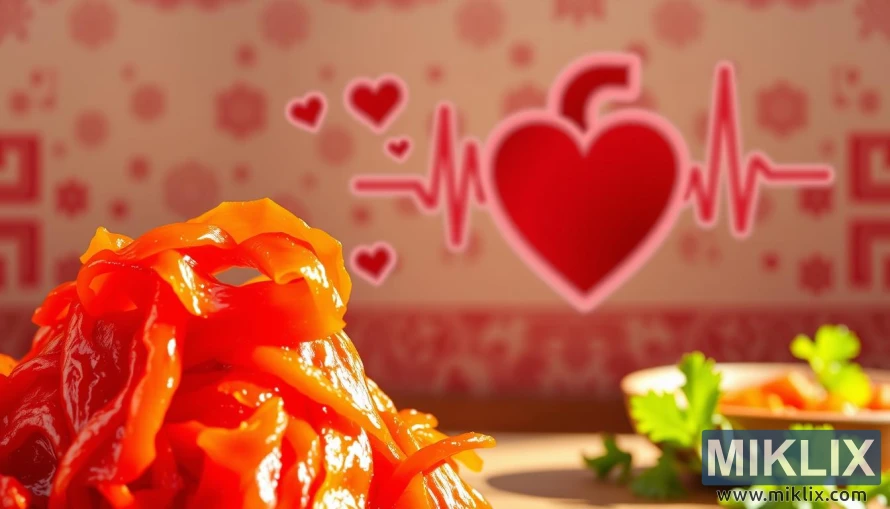 A vibrant and heart-healthy illustration of kimchi, capturing its benefits for cardiovascular wellbeing. In the foreground, a close-up view of a crisp, freshly made kimchi, its vibrant red hues and glistening fermented texture inviting the viewer. In the middle ground, a series of icons representing the key nutrients and compounds found in kimchi that support heart health - vitamins, minerals, antioxidants, and probiotics. In the background, an atmospheric blend of traditional Korean patterns and a pulsing, stylized heart silhouette, emphasizing the synergy between kimchi and cardiovascular wellness. The lighting is warm and natural, illuminating the scene with a sense of vitality and authenticity. Captured with a wide-angle lens to provide a comprehensive, immersive view of the subject matter.