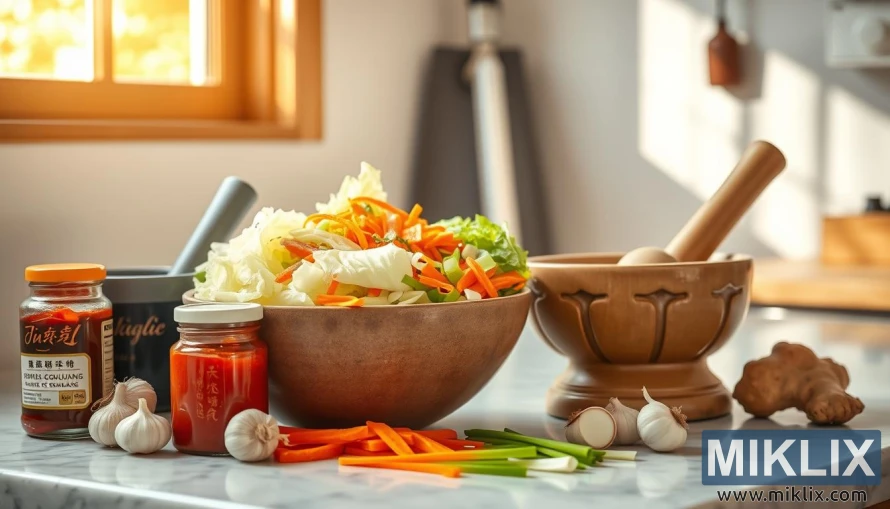 A well-lit kitchen counter with a large ceramic bowl filled with sliced napa cabbage, carrots, green onions, and garlic. Beside the bowl, a mortar and pestle sit alongside a jar of gochujang (Korean red chili paste), ginger, and fish sauce. Soft natural light filters in through a nearby window, casting a warm glow over the scene. The arrangement suggests the process of preparing a homemade kimchi recipe, with the ingredients ready to be mixed and fermented. The mood is one of culinary warmth and anticipation, reflecting the health benefits and delicious flavors of this traditional Korean dish.
