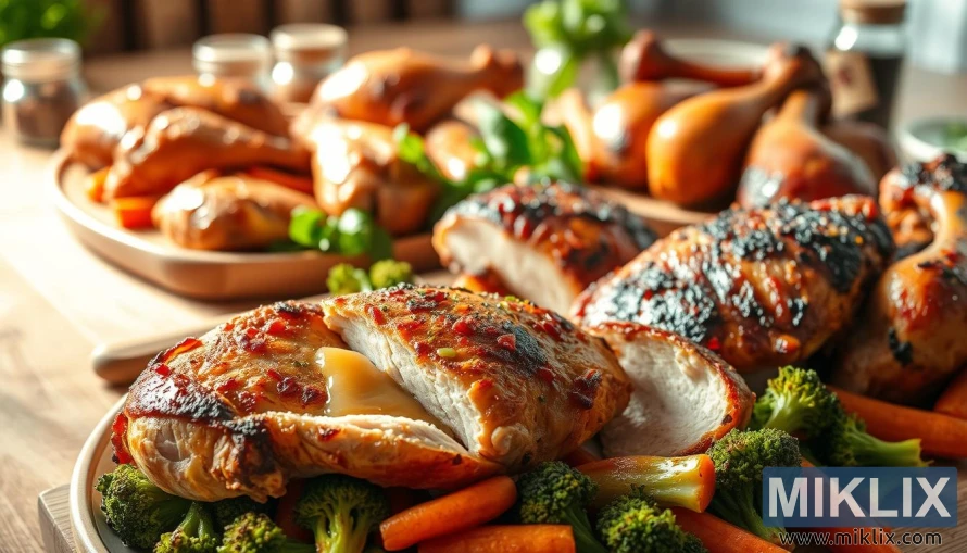 A mouth-watering feast of roasted chicken with crispy skin, juicy meat, and a vibrant array of healthy accompaniments. In the foreground, a tender chicken breast is nestled atop a bed of steamed broccoli and carrots, drizzled with a light, flavorful sauce. In the middle ground, a platter of various chicken cuts - thighs, drumsticks, and wings - arranged in an inviting display. The background is filled with a serene, sun-dappled kitchen, with a wooden table, fresh herbs, and a few glass jars containing spices and seasonings. The lighting is warm and natural, casting a soft glow on the scene, emphasizing the nutritional benefits and the tempting presentation of the chicken-based meal.