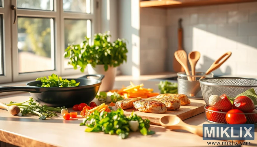A sunny kitchen counter with freshly chopped vegetables, grilled chicken breasts, and a variety of healthy cooking utensils like a cast-iron skillet, wooden spoons, and a steamer basket. The scene is bathed in warm, natural lighting from a large window, casting a soft glow on the scene. In the background, a potted herb plant and a clean, minimal tiled backsplash create a clean, inviting atmosphere. The overall vibe is one of simplicity, wellness, and culinary mastery.