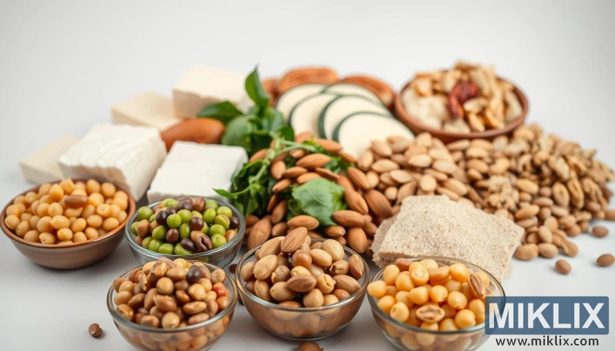 A bountiful harvest of plant-based protein sources, artfully arranged in a serene, well-lit studio setting. In the foreground, a variety of legumes, such as lentils, chickpeas, and edamame, are neatly organized in small bowls. The middle ground features slices of tofu, tempeh, and seitan, each glistening with a subtle sheen. In the background, clusters of nuts and seeds, including almonds, walnuts, and sunflower seeds, are elegantly displayed. The overall composition evokes a sense of balance, nutrition, and the abundance of nature's plant-based offerings as alternatives to animal-based proteins.