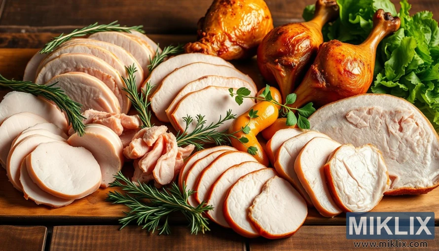 A vibrant still life depicting a variety of turkey cuts, from juicy slices to tender roasted drumsticks, arranged on a rustic wooden table. The meats are accompanied by a selection of fresh herbs, such as rosemary and thyme, as well as vibrant green leafy vegetables, symbolizing the health benefits of this lean protein. The lighting is warm and natural, casting subtle shadows and highlighting the textures and colors of the ingredients. The overall composition is balanced and inviting, conveying the nutritional value and culinary delights of incorporating turkey into a healthy diet.