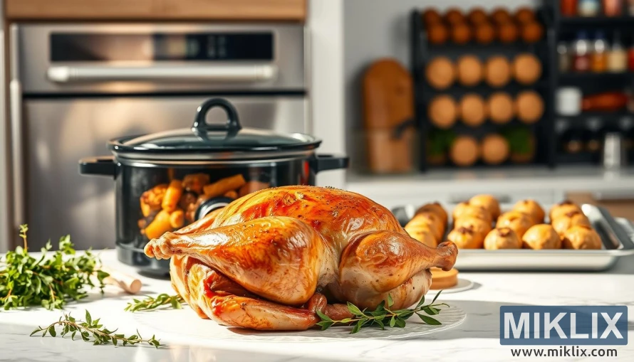A beautifully lit kitchen counter showcases an array of healthy turkey cooking methods. In the foreground, a succulent roasted turkey glistens under warm, natural lighting, surrounded by fresh herbs and seasonings. In the middle ground, a slow-cooker simmers with a tender turkey stew, infusing the air with savory aromas. Behind it, a baking sheet holds fragrant turkey meatballs, ready to be oven-baked to perfection. The background features a sleek, stainless-steel oven and a neatly organized spice rack, hinting at the culinary expertise within. The overall scene exudes a sense of culinary mastery and healthy, home-cooked indulgence.