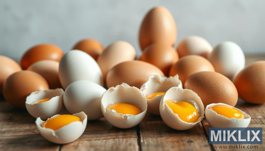 A colorful still life composition showcasing a variety of fresh eggs, arranged on a rustic wooden table. The eggs are meticulously lit, with soft, diffused natural lighting creating gentle shadows and highlights that accentuate their smooth, glistening shells. In the foreground, a few cracked eggs reveal their vibrant golden yolks, hinting at the nutritional benefits within. The middle ground features a selection of whole eggs, some standing upright, others casually scattered, in a range of earthy tones from pristine white to warm brown. The background is softly blurred, creating a sense of depth and emphasizing the central focus on the eggs. The overall mood is one of simplicity, health, and the celebration of nature's wholesome bounty.