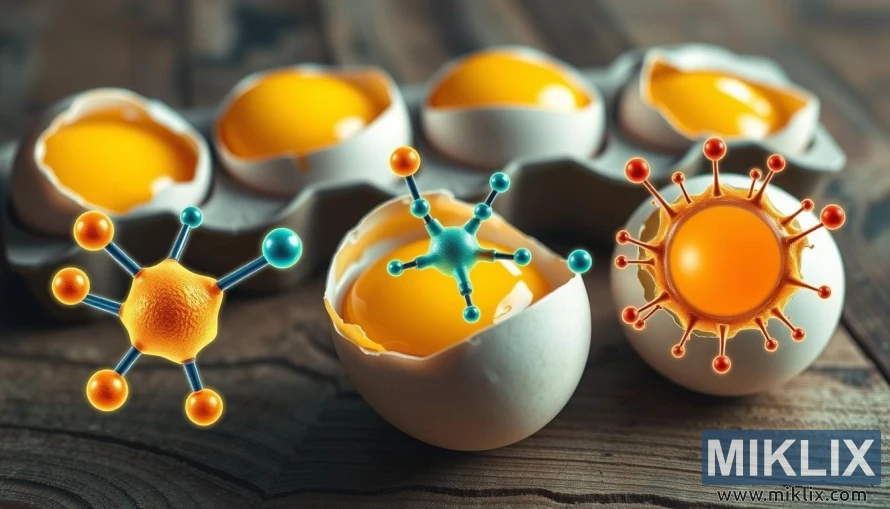 A close-up still life scene of fresh eggs on a rustic wooden table, the yolks radiating a vibrant golden hue. Superimposed over the eggs are vibrant, detailed illustrations of the molecular structures of lutein and zeaxanthin, the two essential carotenoids found in egg yolks. The scene is illuminated by soft, diffused natural lighting, emphasizing the textures and colors of the eggs and the intricate scientific overlays. The overall mood is one of health, nutrition, and the harmony between nature and science.