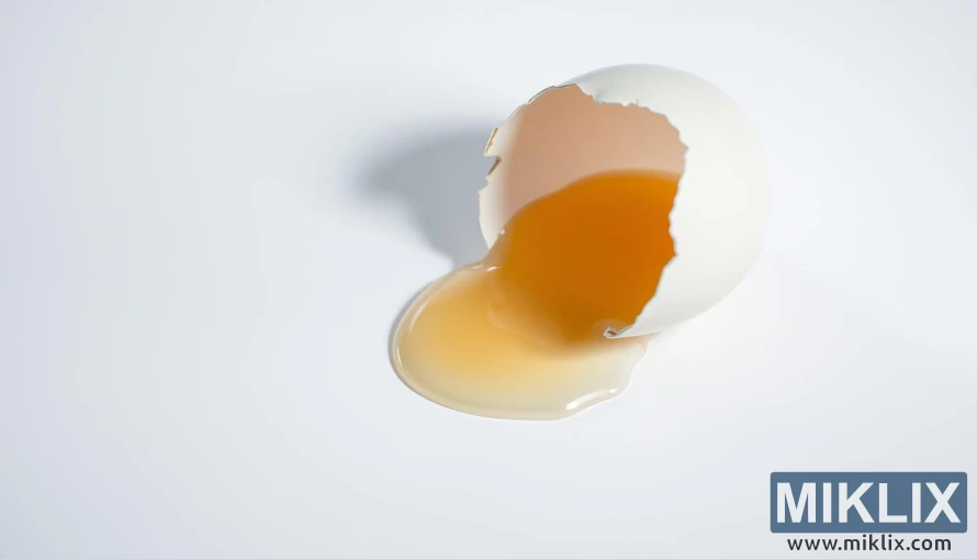 A close-up view of a cracked eggshell, its contents spilling out onto a crisp white background, symbolizing the potential risks associated with egg consumption. The eggshell appears fragile, hinting at the delicate nature of human health and the need for caution. The lighting is harsh, creating stark shadows and highlighting the contrast between the bright shell and the darker yolk, evoking a sense of concern. The camera angle is slightly elevated, giving the viewer a sense of unease and emphasizing the vulnerability of the subject matter. The overall mood is one of tension and trepidation, reflecting the serious nature of the potential risks involved in eating eggs.
