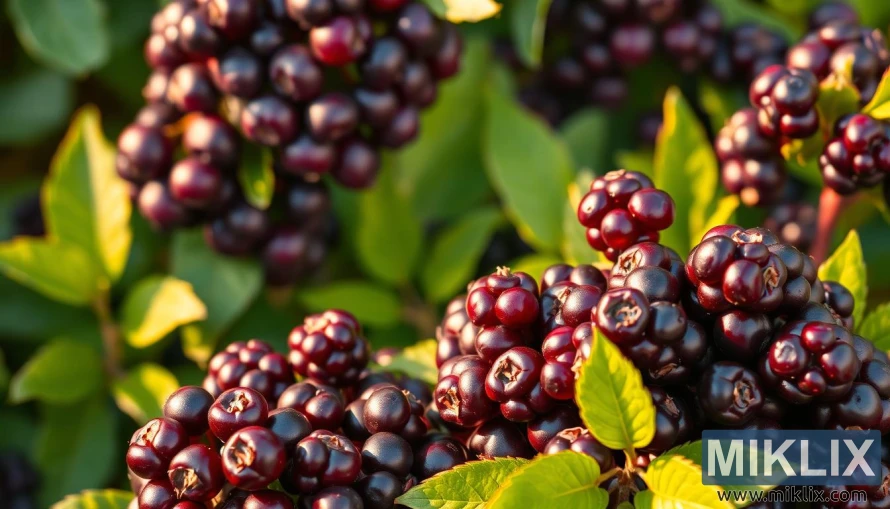 Vibrant aronia berries, lush and bursting with nutrients, set against a backdrop of verdant foliage. The foreground showcases the rich, deep purple hues and subtle bloom of the berries, inviting the viewer to discover their health-boosting properties. In the middle ground, fresh green leaves and stems frame the berries, suggesting the natural environment in which they thrive. The lighting is soft and diffused, casting a warm, golden glow that enhances the natural beauty of the scene. The overall mood is one of vitality and wellness, reflecting the holistic benefits of incorporating these versatile berries into one's diet.