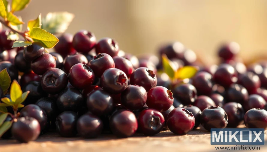 A vibrant, close-up photograph of fresh, plump aronia (chokeberries) against a soft, hazy background. The berries are illuminated by warm, natural lighting, casting delicate shadows that accentuate their deep purple hue and glossy texture. In the foreground, the berries are presented with a sense of abundance, evoking a feeling of nourishment and vitality. The middle ground features a blurred, ethereal backdrop, suggesting a peaceful, serene environment. The overall composition and lighting create a sense of balance and harmony, reflecting the image's theme of immune support and the health benefits of aronia chokeberries.