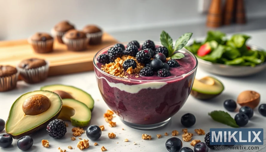 A vibrant smoothie bowl filled with deep purple aronia berries, blended with creamy yogurt and a hint of honey. Artfully arranged around the bowl are sliced avocado, kiwi, and sprinkled with toasted granola. Soft, diffused lighting illuminates the scene, casting a warm, inviting glow. In the background, a minimalist kitchen counter with a cutting board showcases a variety of aronia-based recipes, including muffins, energy bites, and a leafy green salad. The overall composition conveys a sense of health, nourishment, and the versatility of incorporating these powerful antioxidant-rich berries into one's daily diet.