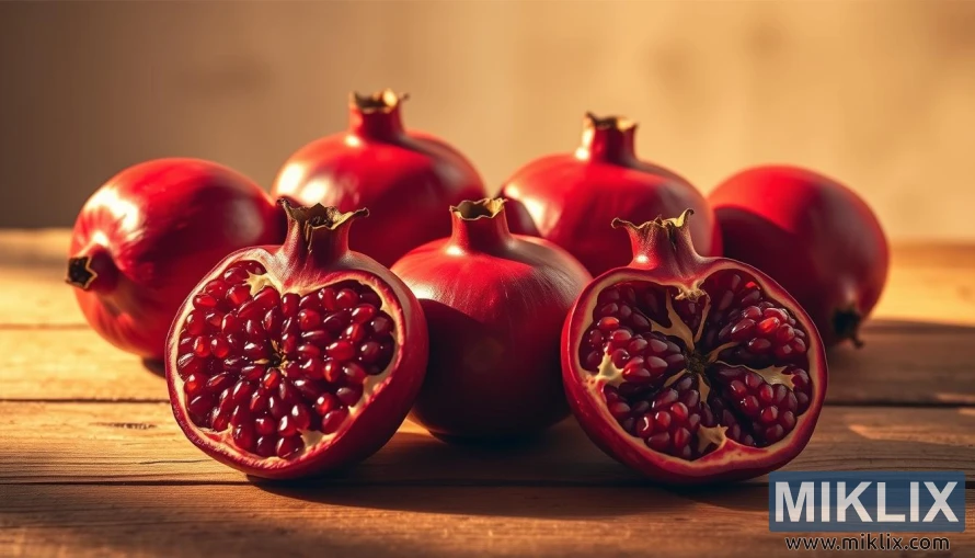 A vibrant still life depicting freshly harvested pomegranates against a soft, diffused backdrop. The pomegranates, bursting with rich crimson hues, are arranged artfully on a rustic wooden surface, casting gentle shadows. Warm, golden lighting bathes the scene, highlighting the fruit's juicy, glistening texture and accentuating its natural beauty. The composition is balanced and visually appealing, inviting the viewer to appreciate the inherent health benefits of this ancient superfruit. A sense of simplicity and purity emanates from the image, conveying the wholesome and nutritious qualities of pomegranates.