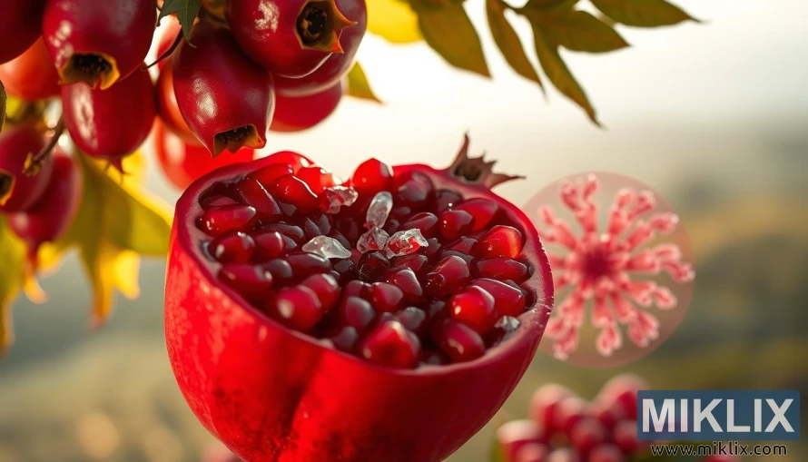 A vibrant pomegranate bursting with juicy ruby-red arils, its luscious fruit symbolizing the potential anticancer properties of this superfood. In the foreground, the pomegranate is illuminated by a warm, natural light, showcasing its intricate textures and vivid colors. In the middle ground, a microscopic view reveals the intricate cellular structure, hinting at the complex biochemical mechanisms that may contribute to its cancer-fighting abilities. In the background, a subdued, ethereal landscape suggests the holistic, nature-based approach to wellness. The overall mood is one of hope, abundance, and the power of nature to nourish and heal.