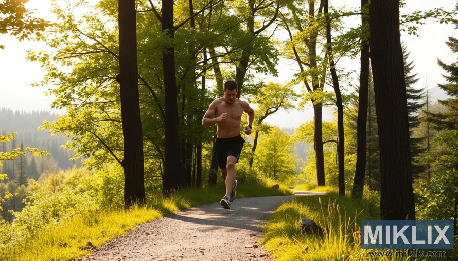 A fit person runs on a winding forest trail, the sunlight dappling through the lush green foliage. Their strong, athletic physique is illuminated by warm, golden light, conveying a sense of endurance and vitality. In the middle ground, tall trees line the path, creating a sense of depth and tranquility. The background is a serene, hazy landscape, with distant mountains hinting at the expansive outdoor environment. The overall atmosphere is one of harmony, energy, and a connection to nature, capturing the essence of improved exercise endurance.