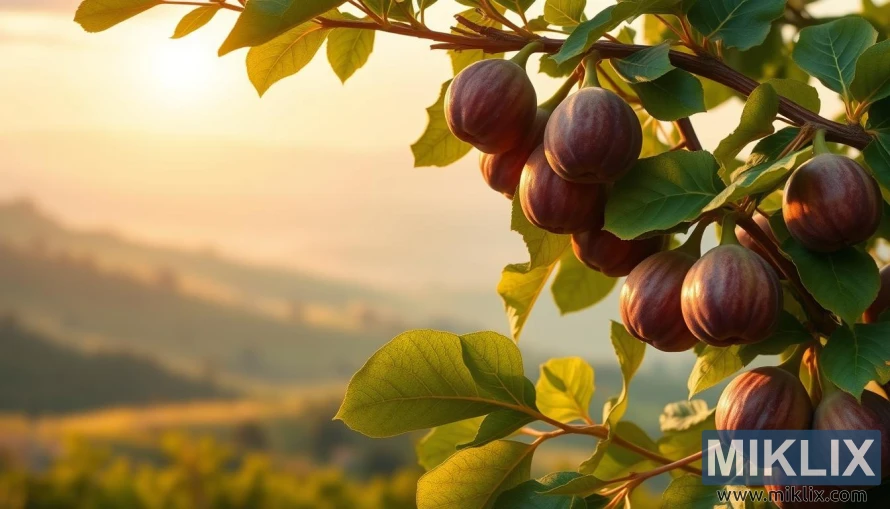 High-resolution, detailed digital painting of lush, vibrant fig tree branches laden with ripe, juicy figs in the foreground, against a hazy, soft-focused background of rolling green hills and a warm, golden-hour sky. Lighting is soft and diffuse, highlighting the delicate textures and rich colors of the figs and leaves. Composition emphasizes the fig tree's health and abundance.