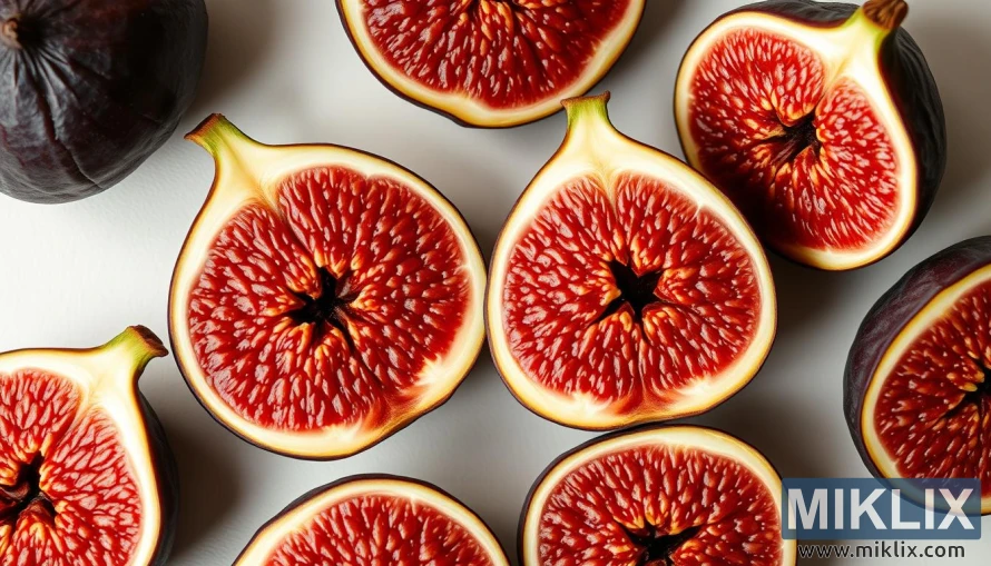 A close-up macro photograph of juicy, ripe figs cut in half, revealing the intricate patterns and vibrant red-purple hues of the antioxidant-rich flesh. The figs are displayed on a clean, off-white background, with soft, even lighting from the side, casting subtle shadows to accentuate the fruit's natural textures and geometry. The image has a crisp, high-resolution focus, allowing the viewer to appreciate the vivid colors, delicate structures, and dense concentration of beneficial plant compounds within the figs.