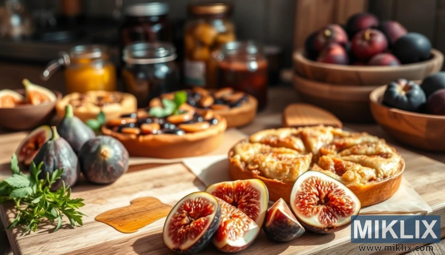 A mouthwatering arrangement of various fig-based recipes, captured in a warm, inviting setting. In the foreground, a wooden cutting board showcases halved figs, fresh herbs, and a drizzle of honey, hinting at the flavors to come. The middle ground features an array of baked goods, such as a fig tart with a flaky crust and a fig-infused coffee cake, all bathed in soft, natural lighting. In the background, a rustic kitchen counter holds jars of preserves and a bowl of additional fresh figs, conveying the versatility of this ingredient. The overall mood is one of culinary inspiration and the joy of incorporating figs into a healthy, balanced diet.