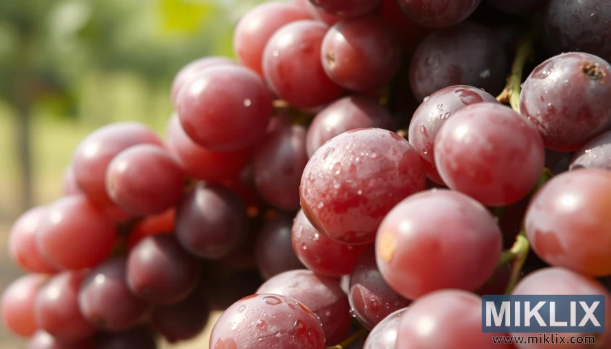 A close-up shot of plump, juicy grapes in various shades of purple, burgundy, and green, revealing their translucent skin and glistening with tiny droplets of water. The grapes are positioned in the foreground, with a soft, blurred background that suggests a natural setting, perhaps a vineyard or a lush garden. The lighting is natural and diffused, creating a warm, inviting atmosphere that highlights the rich hues and texture of the grapes. The composition emphasizes the grapes' abundance, drawing the viewer's attention to the high concentration of antioxidants within these healthy, vibrant fruits.