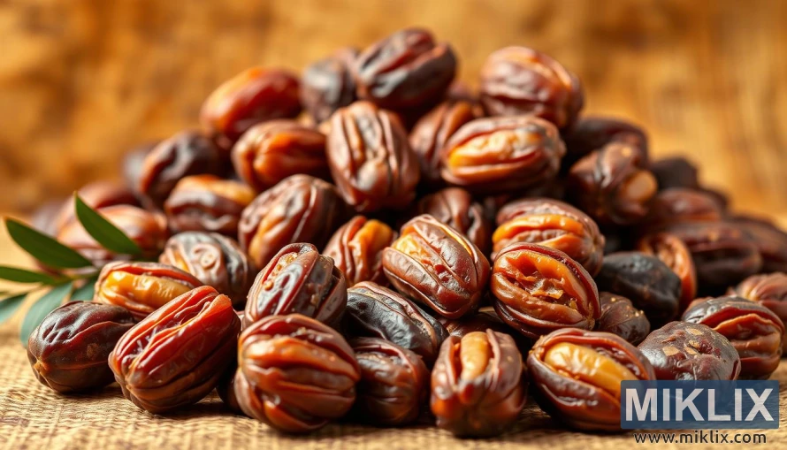 A lush, vibrant still life showcasing a bounty of dates, set against a warm, earthy backdrop. The dates, in varying stages of ripeness, are arranged in an appealing composition, their rich, amber-hued flesh and wrinkled skins accentuated by gentle, natural lighting. The foreground features a scattering of dates, while the middle ground displays a cluster of the plump, succulent fruits. The background suggests a rustic, textured surface, perhaps a wooden table or a woven mat, further enhancing the organic, wholesome feel of the scene. The overall atmosphere conveys the health and nourishment that dates provide, inviting the viewer to appreciate their many benefits.