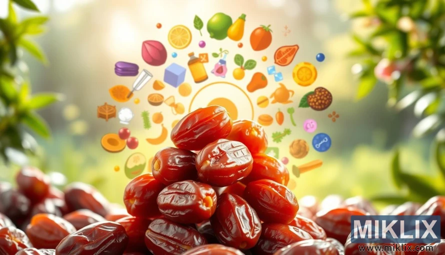 A vibrant illustration showcasing the diverse health benefits of dates. In the foreground, a cluster of fresh, plump dates in warm hues. Behind them, a holistic display of elements representing their nutritional profile: an array of vitamins, minerals, and antioxidants, artfully arranged in a visually striking composition. The middle ground features a serene, natural backdrop, with lush greenery and a hint of sunlight filtering through, creating a warm, inviting atmosphere. The lighting is soft and diffused, accentuating the rich colors and textures of the dates and surrounding elements. The overall scene conveys a sense of balance, vitality, and the powerful healing properties of this ancient superfood.